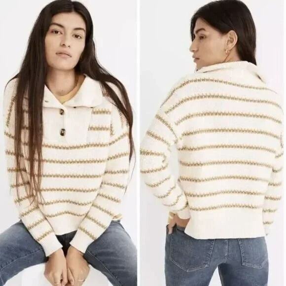 Madewell Canby Button Mockneck Sweater in Stripe - Picture 1 of 11